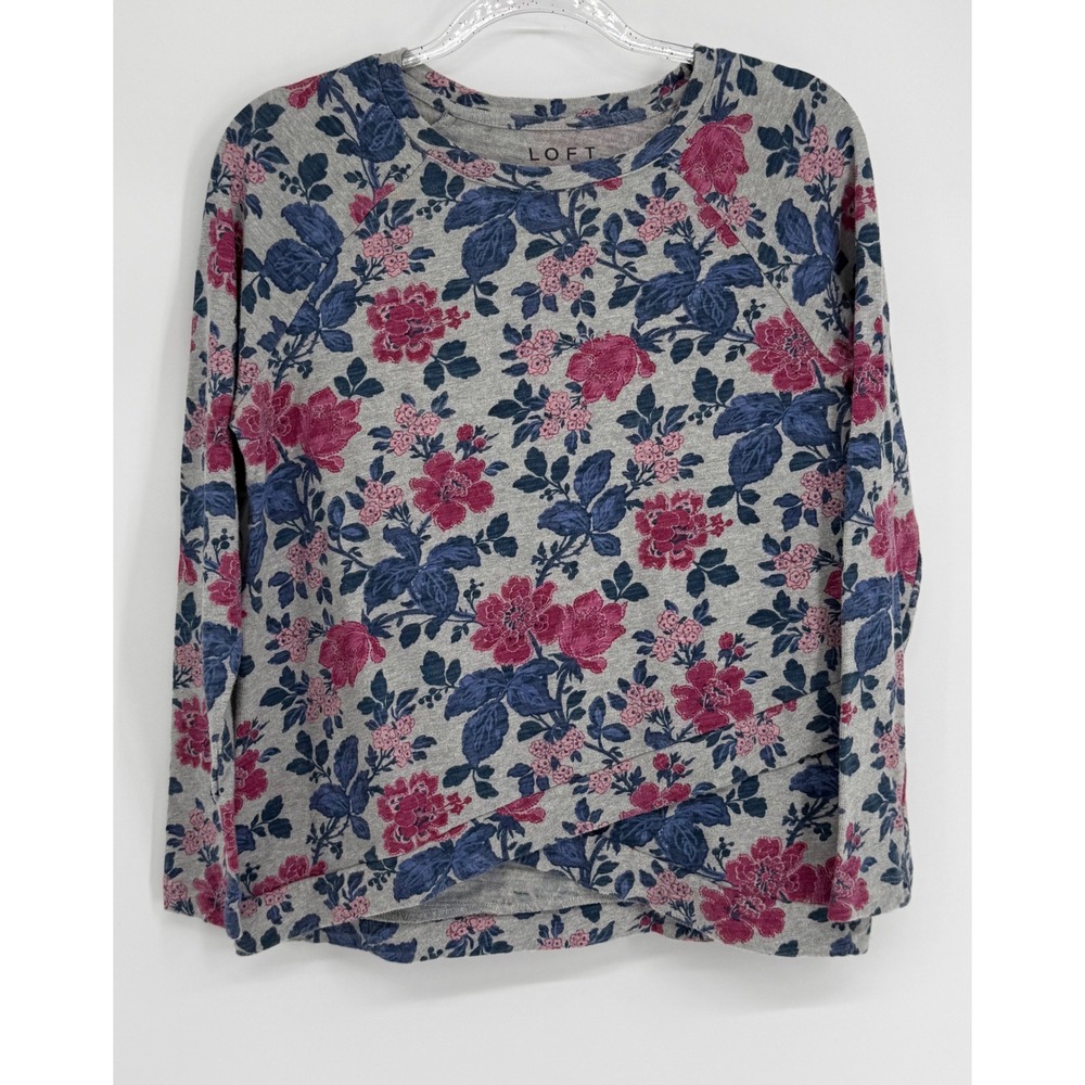 LOFT Womens Gray Pink Floral Crossover Hem Cotton Sweatshirt Sz S
